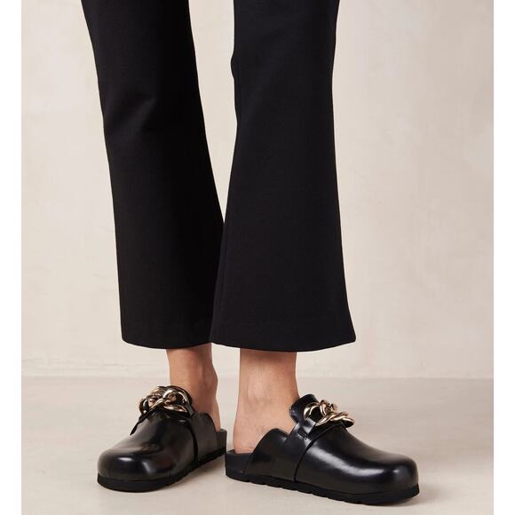 NEW Alohas Fireplace Chain Link Black Leather Clogs Mules Slide Sandals 35 US 5 - Picture 1 of 9